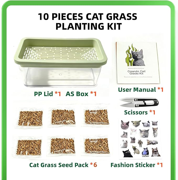 Hydroponic Cat Grass Kit with 5 Pack Non GMO Seeds & Scissors - Cat Grass for Indoor Cats, Helps Cat with Hairballs & Digestion, Easy 3-Step Setup,Gifts for Cat Lovers (Food-Safe PP&AS, 7-Day Growth)