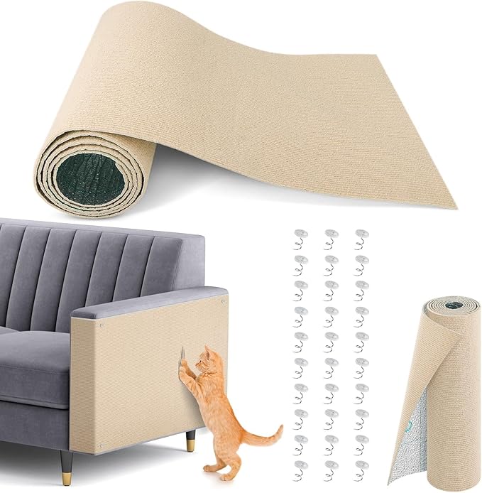 Cat Scratch Couch Furniture Protector, 78.7in x 15.8in Self-Adhesive Cat Scratch Mats, Trimmable DIY Cat Scratcher Pads for Wall, Couch Corner, Cat Tower and Replacement Pads (Khaki)