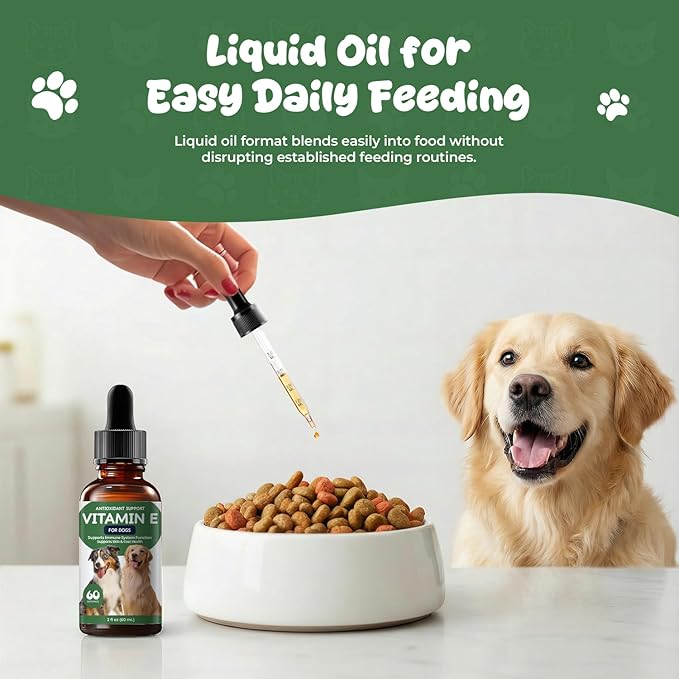 Vitamin E Supplement for Dogs Liquid, Daily Skin & Coat Nutrition Oil, Supports Moisture Balance, Cellular Protection & Overall Canine Wellness, 2 fl oz (60 mL)