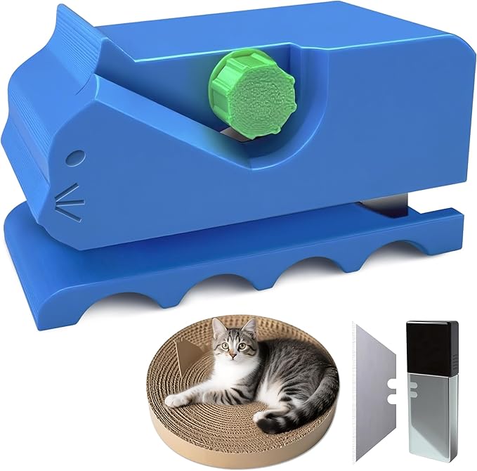 Cardboard Cutter for Cat Scratchers – 3D Printed Portable Cardboard Strip Cutter with 7 Replaceable Blades, DIY Cat Scratcher Tool (Blue)