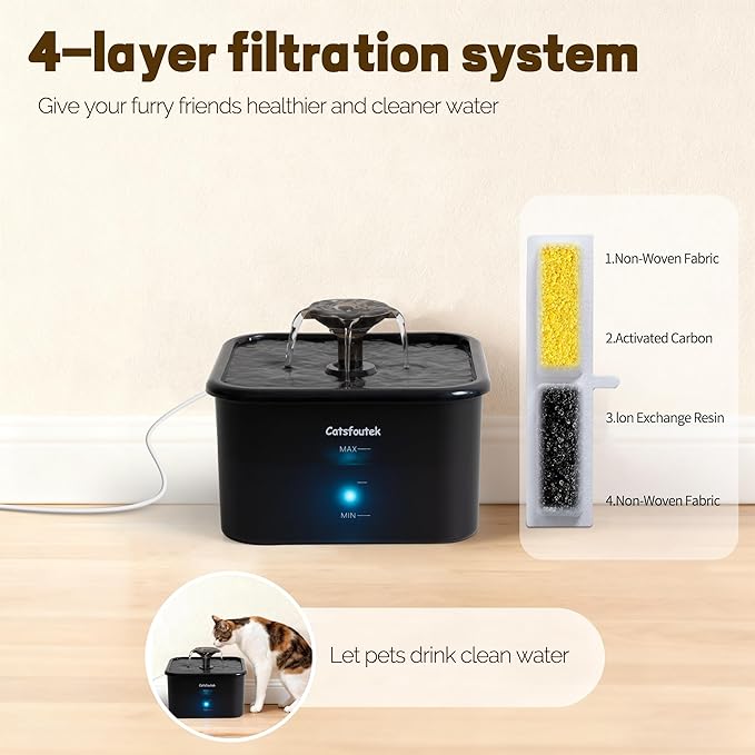 Pet Water Fountain, 74oz/2.2L Catsfoutek Water Fountain Cat for Drinking - Pet Fountain for Cats Inside - Quiet Automatic Cat Water Dispenser - Kitty Drinking Fountains - for Pets& Small Animals