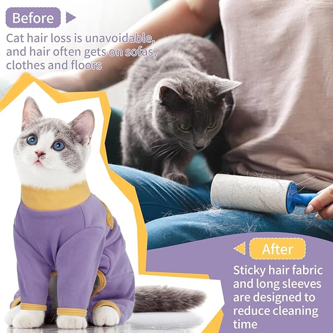 T'CHAQUE Sticky Hair Cat Onesie Pajamas, Soft Long Sleeve Cat Clothes, Anti-Shedding, Surgery Recovery Suit, Wound Protection & Preventing Licking, Kitten Sweaters for Male & Female, Purple-XS