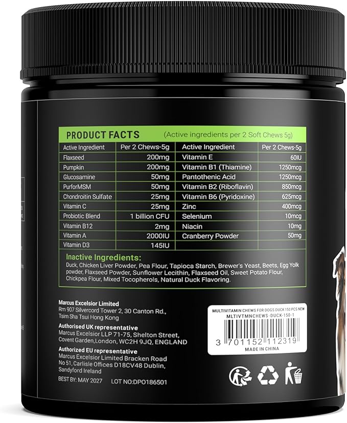 Dog Vitamins and Supplements - 150 Dog Multivitamin Chewable - Immune, Joint Support, Skin, Gut Health + Packed with Omega 3s, Glucosamine & Probiotics - Safe for Puppy - Duck