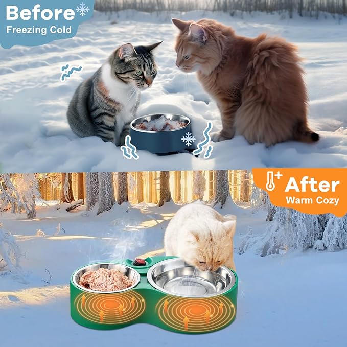 Heated Cat Bowl with Soft Indicator Light – Double Removable Stainless Steel Bowls, Freeze-Proof Water & Food, Overheat Protected, Chew-Resistant Cord, UL Listed