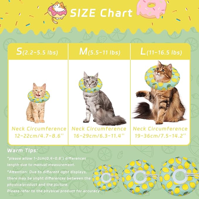 Seyezo Cat Cone Collar Soft, Adjustable Cat Recovery Collars to Prevent Licking, Cute Donut E Collar After Surgery, Wound Healing Elizabethan Collar for Kittens(Green Lemon, Large)