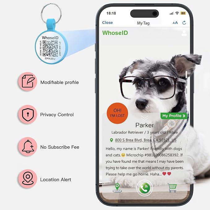 WhoseID QR Code Cat Tag, Modifiable Pet Online Profile Page, Multiple Emergency Contact, Silent Silicone, Lightweight, No Jinging, Collar Accessories, QR Cat ID Tag (Small Breeds - 1", Blue)