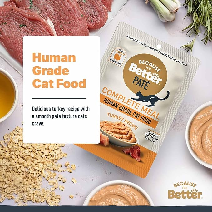 Because It's Better Pate Complete Meal, Turkey Recipe, 2.6 oz Pouches, Wet Cat Food, 12 Count