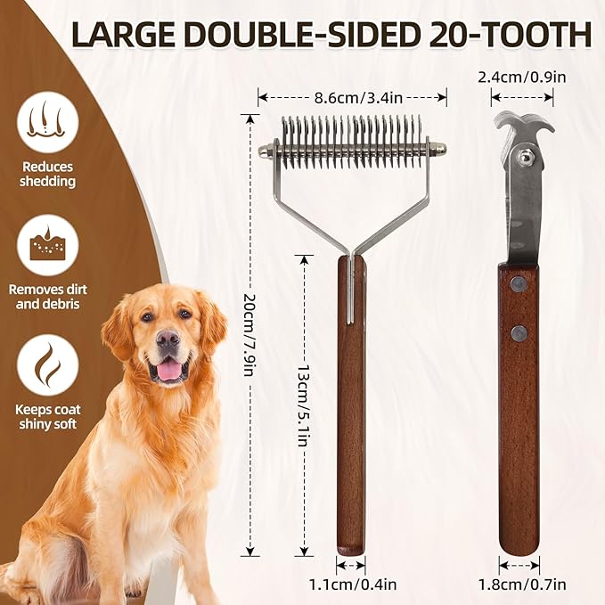 Large 2-Sided Undercoat Rake for Dogs and Cats，Professional Pet Grooming Shedding Tool Combs for Animals，Stainless Steel with Wooden Handle for Thick Coats (20-Blades)