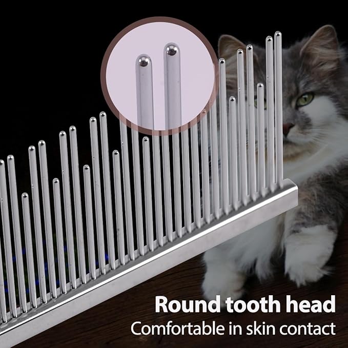 7.5" Cat Carding Dual Tooth Comb for Long Haired Cats & Dogs Ragdoll Round Corners Prevent Friction and Breakage Chrome Finish(L, Dual)
