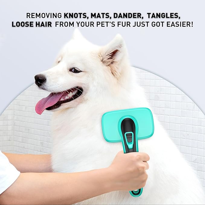 Self Cleaning Slicker Brush for Dog, Cat, Skin Friendly Shedding & Grooming Tool for Long and Short Haired Pets, Easy Clean Retractable Bristles, Green