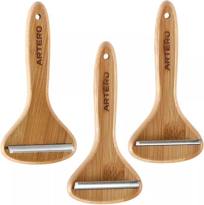 T Shaped Wood Handle Dog Deshedding Tools Loose Hair and Undercoat Removal No Damage (45 Degree)