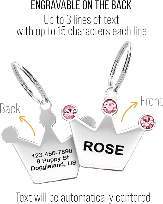 Custom Crystals Crown Pet ID Collar Tag, Personalized Stainless Steel Cute Shiny Bling Sparkly Safety Lost Charm Boy & Girl Dogs Puppies Cats & Ring Engraved SOS customizable with Name, Phone, Address