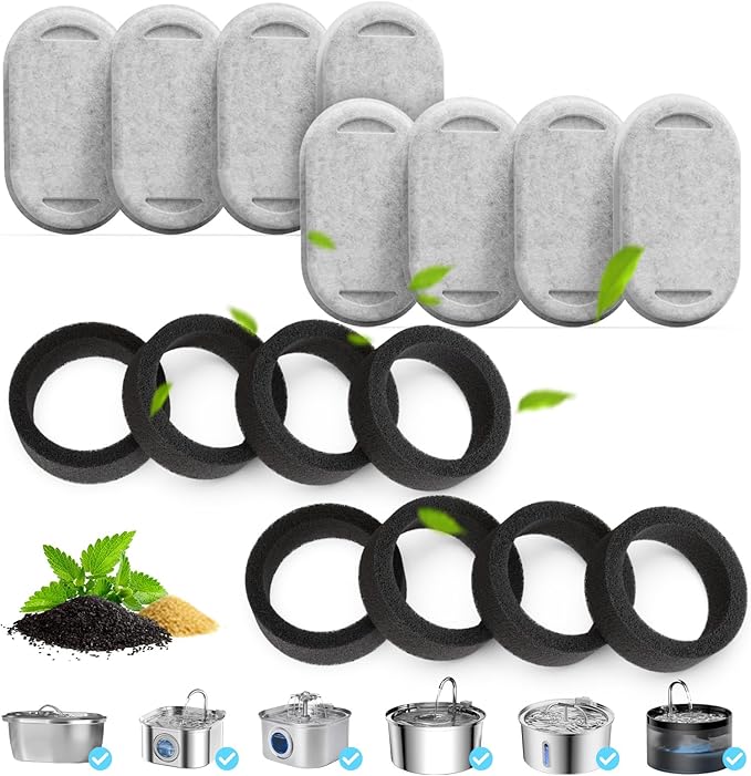 8 Packs Cat Water Fountain Filters Applicable for Stainless Steel pet Water Dispenser PLWF003/2L/67oz & PLWF006/3.2L/108oz，,Dog Wate Fountain (8 Filters&8 Sponges)