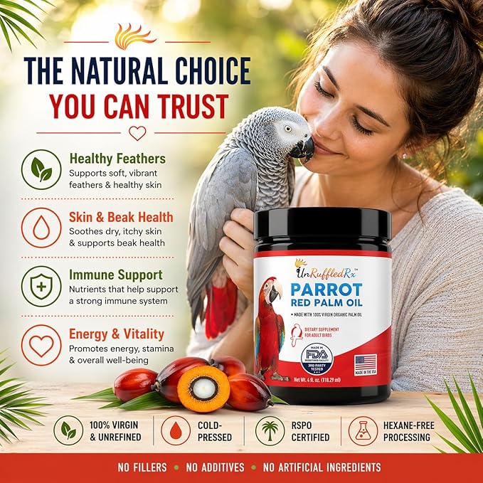 UnRuffledRx™ Red Palm Oil for Birds & Parrots - Provides Nutritional Support - Ethically Produced Organic Red Palm Oil to Support Feather & Skin Health