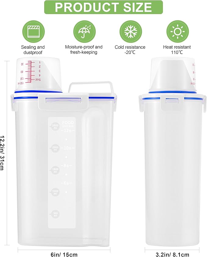 4 Pcs Set Rice Storage Container 5.5lb, Rice Dispenser with Measuring Cup & Pour Spout for Flour Pasta Grain Pet Dog Cat Bird Food Storage Container