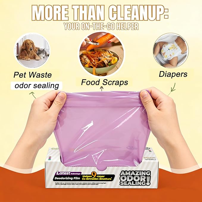 Odor-Sealing Cat Litter Bags - 90 Count Unscented Cat Poop Bags with Strong Odor Control, Leakproof & Durable Pet Waste Bags (Size:L, Color: Purple)