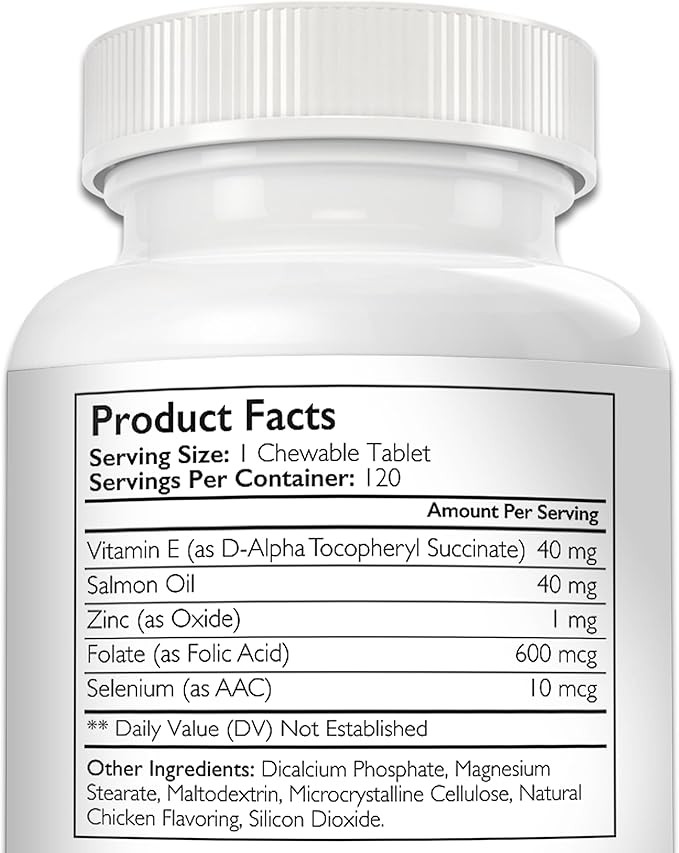 Vitamin E for Dogs, Promote Cardiovascular Health, Support Cell Membranes, Vitamin E Complex to Boost Dog Immune System Plus Zinc, Selenium, Folate, Salmon Oil, 120 Chewable Tablets