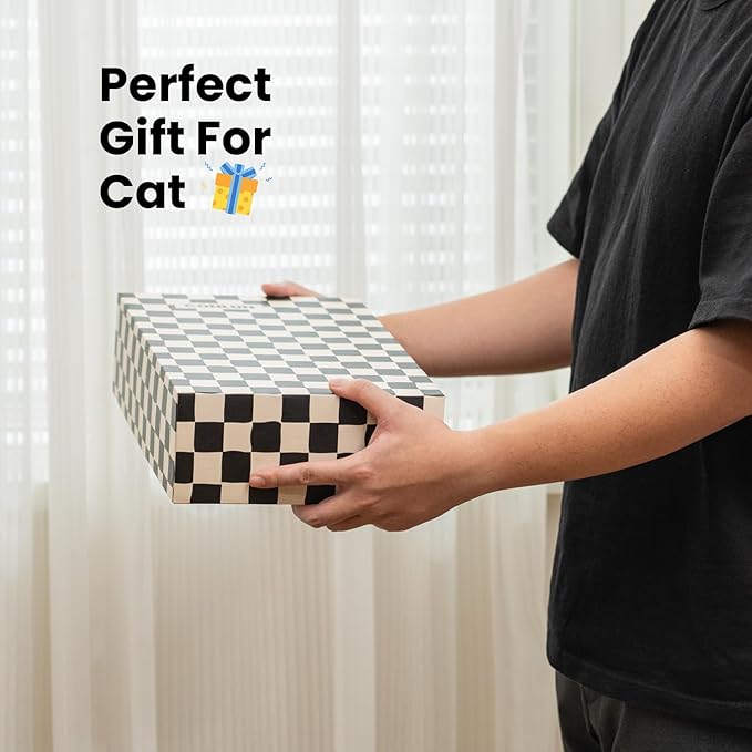 Conlun Cat Scratcher Box with 4 Scratching Pads&2 Separate Cardboard Boxes,2-in-1 Cardboard Cat Scratch for Multiple Kitten Interactive Play,Checkered(Ball & Fish Catnip Toy Included)