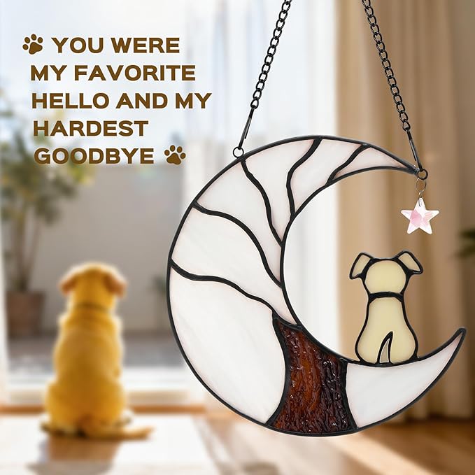 Dog Memorial Suncatcher, Handmade Stained Glass Window Haninging Suncatcher, Pet Memorial Gift for Cat Loss, Sympathy Valentine's Day Gift with Moon & Tree of Life for Pet Lovers