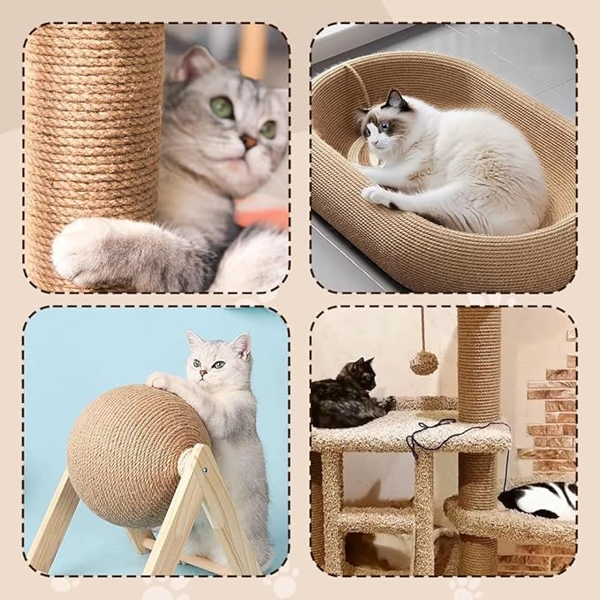Natural Sisal Rope for Cat Scratcher Replacement, Durable Cat Tree Post Repair Cord for DIY Projects, Climbing Towers, Furniture Protection, Scratch Pad, Crafts, Garden, and Home Décor Use