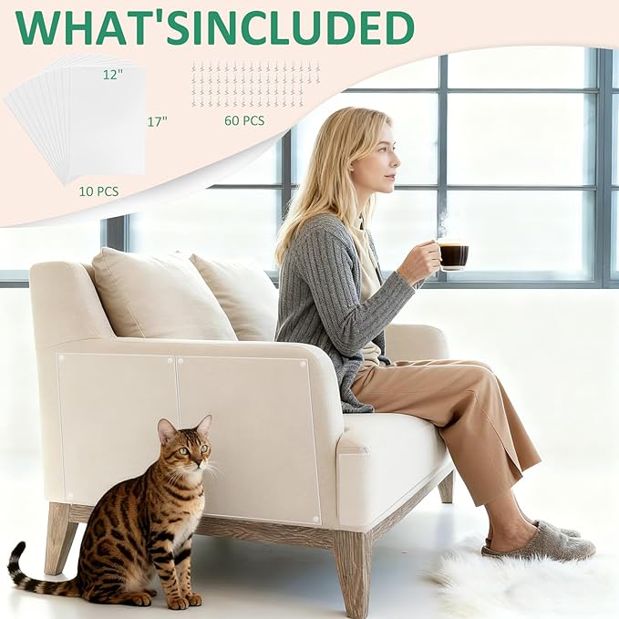 Anti-Cat Scratch Furniture Protector - 10 Pack Couch Protectors from Cats Claws, Clear Cover Protection from Cat Scratching on Your Sofa, Furniture, Wall & Door Corner