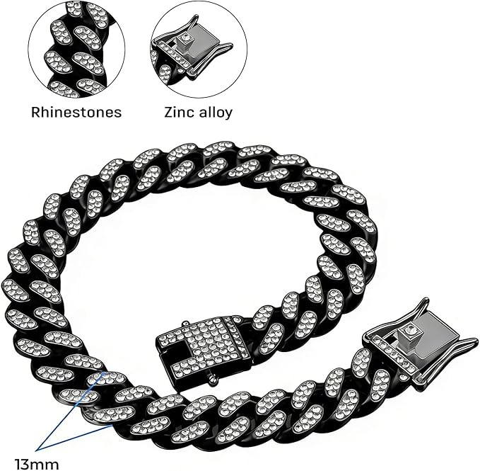 Dog Chain Collar Diamond Cuban Link Dog Collar (Black, 22inch)
