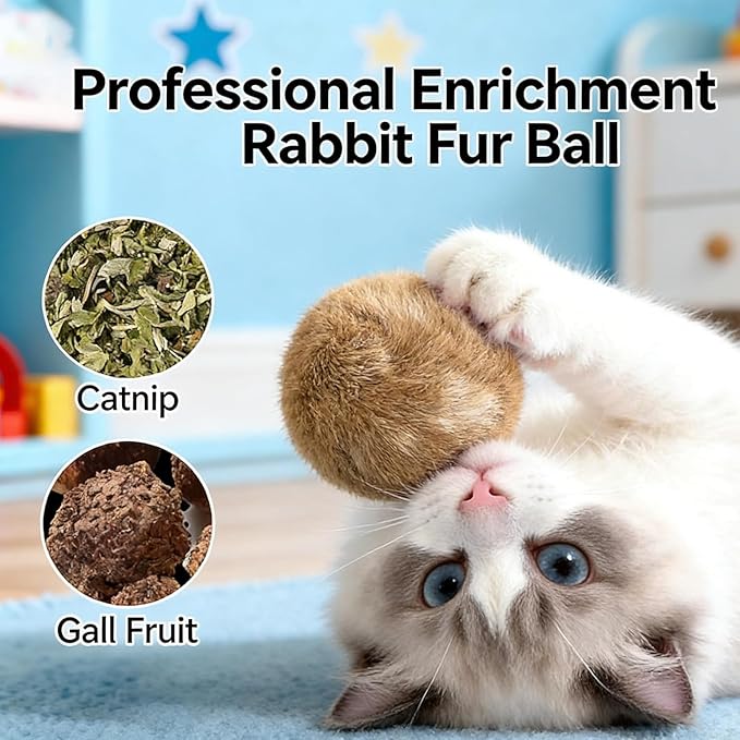 Rabbit Fur Ball Cat Toy, Rabbit Fur Balls for Cats, Furry Catnip Toy Ball Soft, Washable & Fun to Chase, for Bunny Kicks & Chase Games, for Indoor Exercise & Bonding (3PCS)