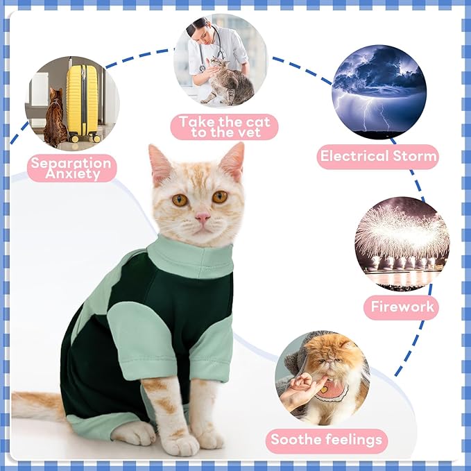 Cat Anxiety Relief Clothes, Flexible Cat Calming Vest with Hook&Loop, Ideal for Loud Noises, Fireworks, Separation, Travel, Thunderstorms, Reduce Anxiety Comfortable Wrap for Cats, Green Medium
