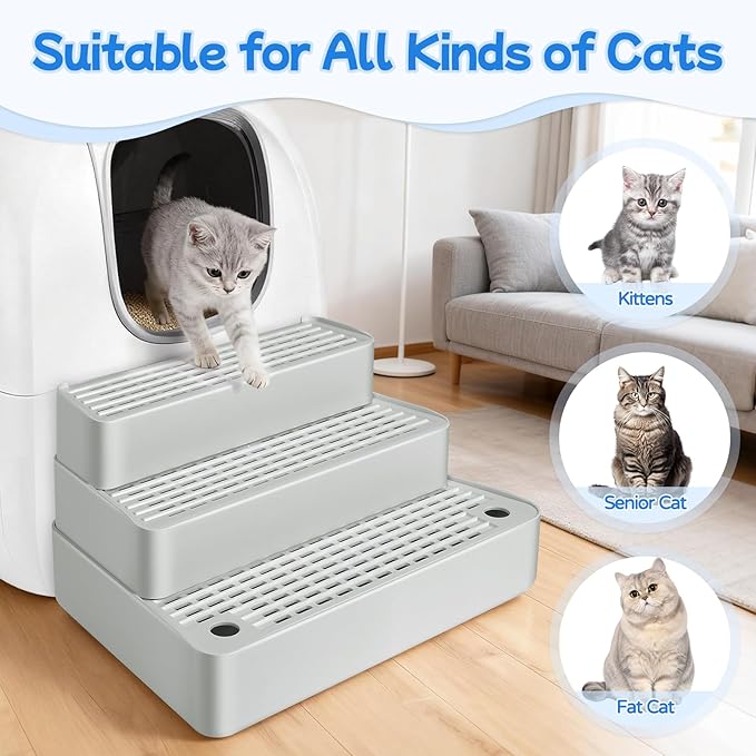 Extra Large 3 Steps Litter Box Ramp, Adjustable Cat Litter Box Step with Filter Function, Easy to Clean Cat Litter Stair Catcher for Elderly Cats and Kitten (Light Grey)