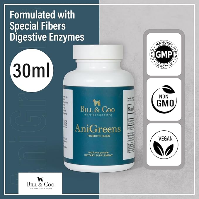 BILL &COO Anigreens Prebiotic & Probiotics for Dogs, Formulated with Special Fibers Digestive Enzymes, Dog/Cat Probiotics for Digestive Health & General Gut Balance to Immune Support of Your Pets,90g
