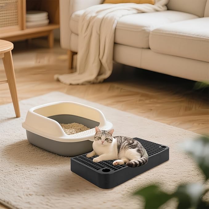 Cat Ramp Litter Box Step, Small Senior Cat Litter Box Mats Ramp for Floor with Filter Function, Low Entry Cute Cats Food Mat Stairs Prevent Tracking, Silicone Small Boxs Shield Catcher Mat Black