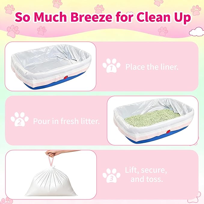 30 Count Jumbo Litter Box Liners 37" X 18", Large Cat Litter Bags with Heavy Duty Drawstring, Extra Thick Leakproof Cat Pan Liners for Kitty Box, Assorted Colors