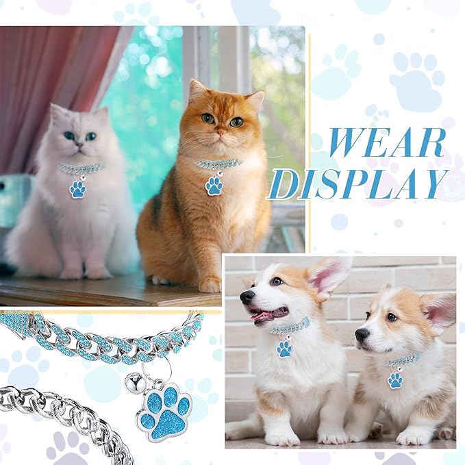 Hillban Cat Collar Diamond Chain Glitter Collar Walking Metal with Secure Buckle Cat Pet Necklace with Paw Charm and ID Tag Bell Link Cuban Jewelry Accessories Gift(10 Inch,Silver,Lake Blue)