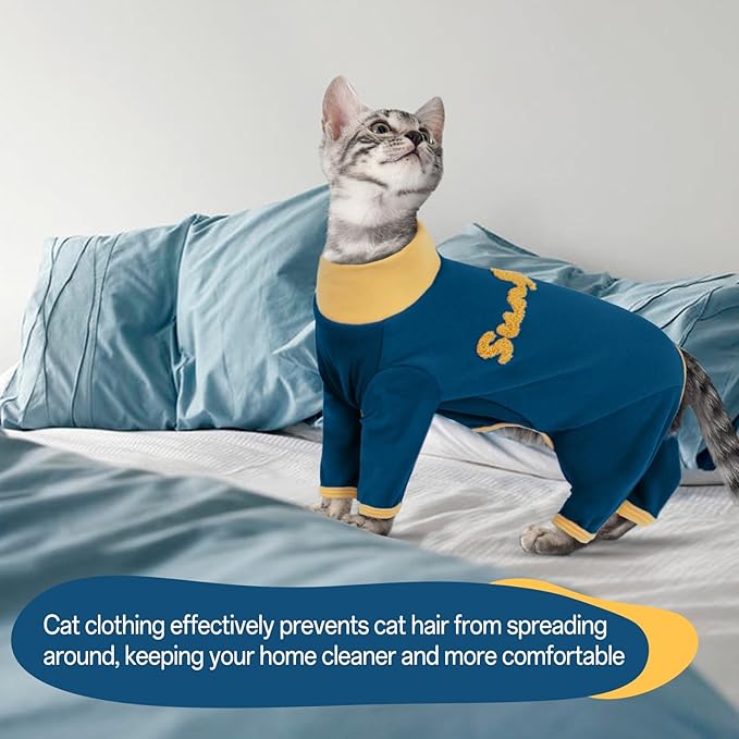T'CHAQUE Sticky Hair Cat Onesie Pajamas, Soft Long Sleeve Cat Clothes, Anti-Shedding, Surgery Recovery Suit, Wound Protection & Preventing Licking, Kitten Sweaters for Male & Female-L