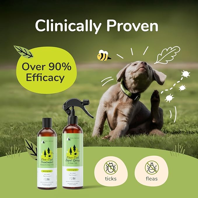 kin+kind Plant Based Flea and Tick Spray for Dogs and Cats – Essential Oil Formula with Lemongrass – Flea and Tick Prevention for Cats, Kittens, Puppies & Dogs - Pet Supplies - Family Safe – 12 fl oz