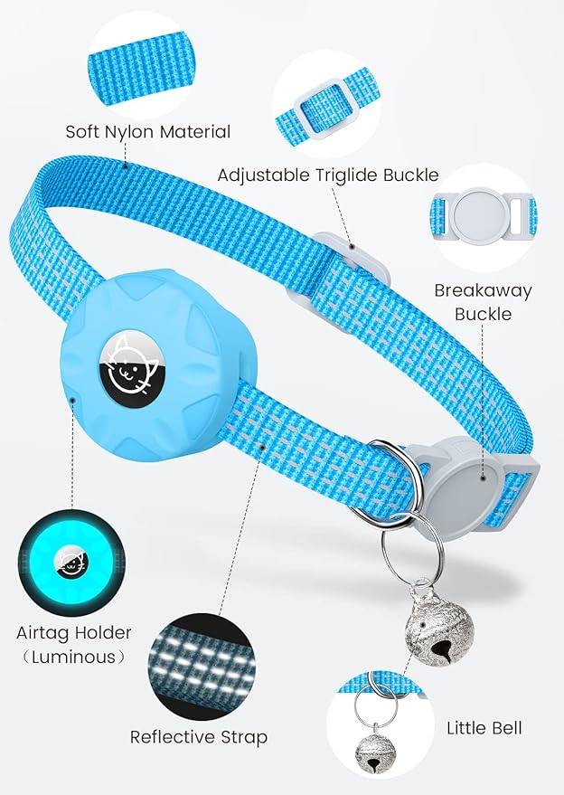 AirTag Cat Collar, Reflective Kitten Collar with Breakaway Apple AirTag Holder and Bell, Lightweight GPS Tracker Collar for Cats and Puppies (Luminous Blue)