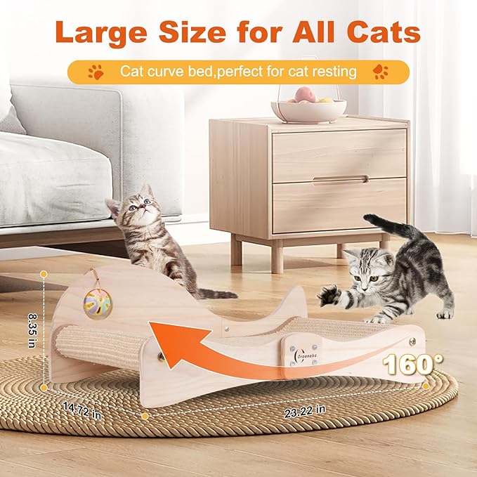 Extra Large 3-in-1 Cat Scratcher Bed with Toy Balls: Natural Sisal Scratching Pad, Cat Indoor Scratching Bed for Large Cats Non-Tip Wood Base Multi-Cat Scratching Board & Scratching Couch Fish Design
