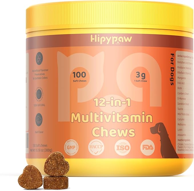 Dog Multivitamin Chewable: 12-in-1 Dog Vitamins & Supplements with Glucosmine Chondroitin Probiotics Omega 3 Cod Liver Oil CoQ10 Astaxanthin for Joint Gut Heart Eye Brain Immune Support