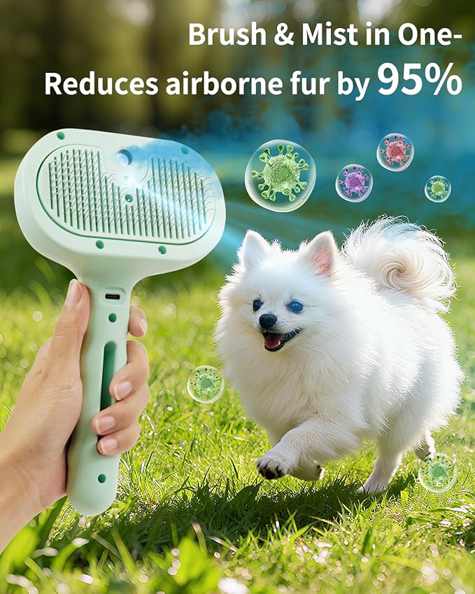 Dog Steam Brush 3 in 1 Cat Brushes with Steam, Release Button Grooming Brush for Pets Cats Dogs, Hair Removal Shedding for Small Animals Long Short Haired - Green