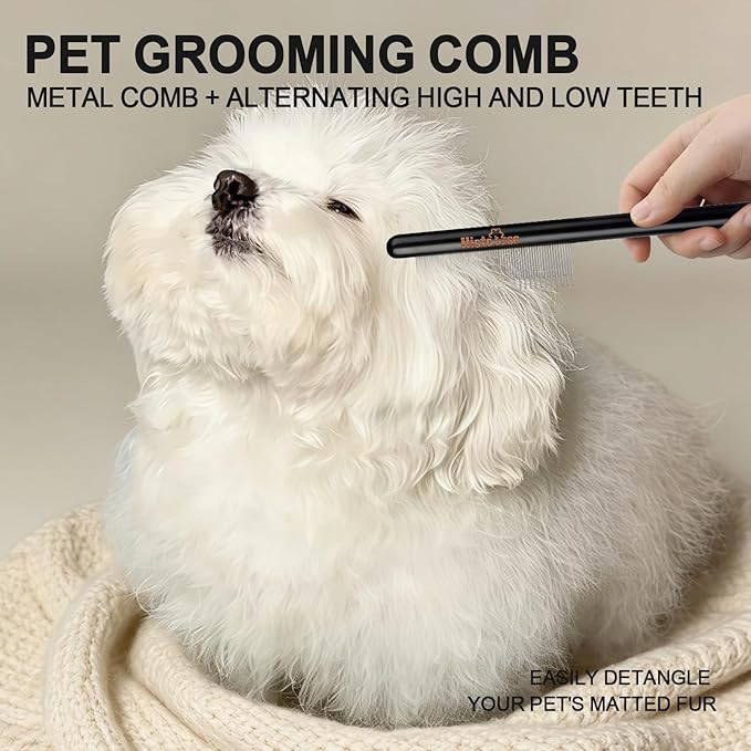 Professional Pet Rake Comb with Solid Wood Handle Fine Tooth Comb Metal Flea Comb Pet Grooming Tool for Dogs and Cats Remove Loose Hair Tangles Dirt Fleas