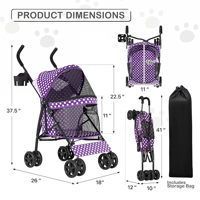 MoNiBloom 4 Wheels Pet Stroller, Easy-Fold Umbrella Shaped Dog Cat Jogger Stroller w/Storage Bag & Visible Mesh for Small/Medium Dogs Cats Purple Polka Dots