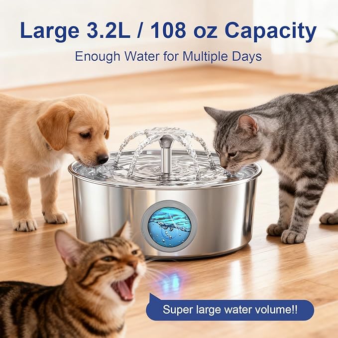 LucidShine 108oz/3.2L Stainless Steel Cat Water Fountain with 4 Replacement Filters(Up to 4-Month Supply, Ultra Quiet Automatic Pet Water Dispenser, Dishwasher Safe Metal Bowl for Cats & Dogs