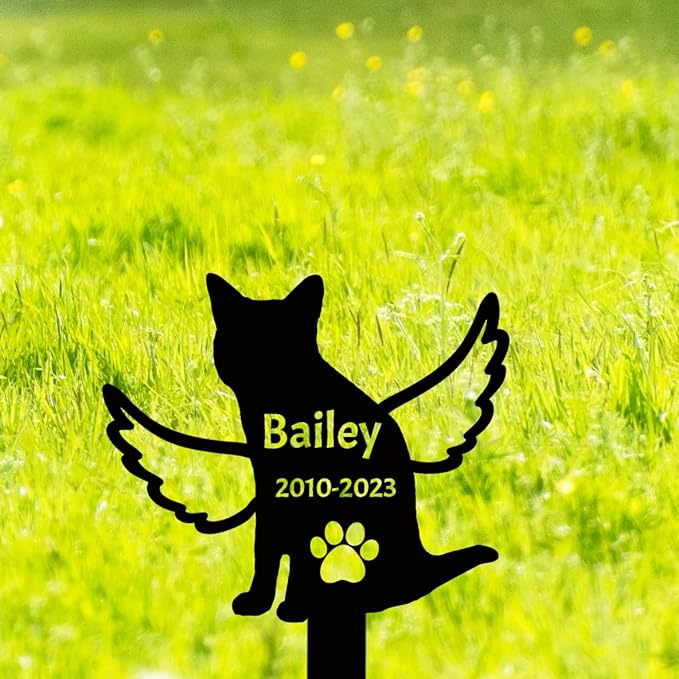 Personalized Metal Cat Memorial Grave Marker, Custom Cat Memorial Grave Marker Cat with Wings Memorial Garden Stake, Customized Paws Cat Marker Name Stake Cat Loss Gift for Garden Decor
