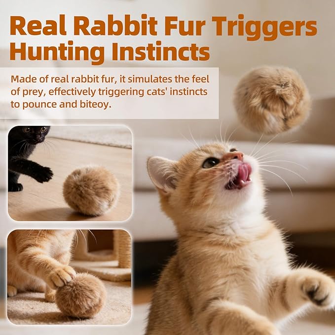 Rabbit Fur Pom Pom Ball,Real Rabbit Fur Catnip Toy - Interactive Fluffy Rolling Ball for Indoor Cats, Multi-Cat Homes & Pursuit Games, Soft Cute & Durable Play Essential for Kittens to Adults