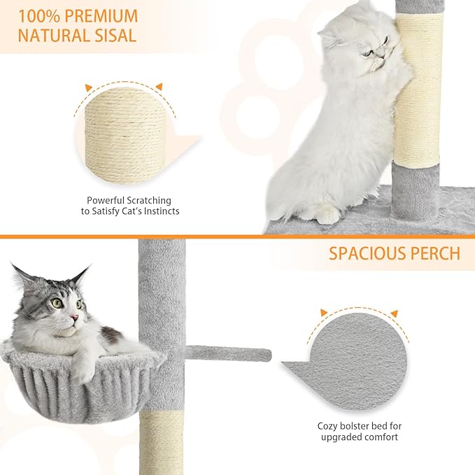 Floor to Ceiling Cat Tree,5 Tiers Tall Cat Tower with Adjustable Height(98-110),Cat Tree Floor to Ceiling with Cozy Hammock,Sisal Scratching Posts,Platforms,and Hanging Balls for Large Cats