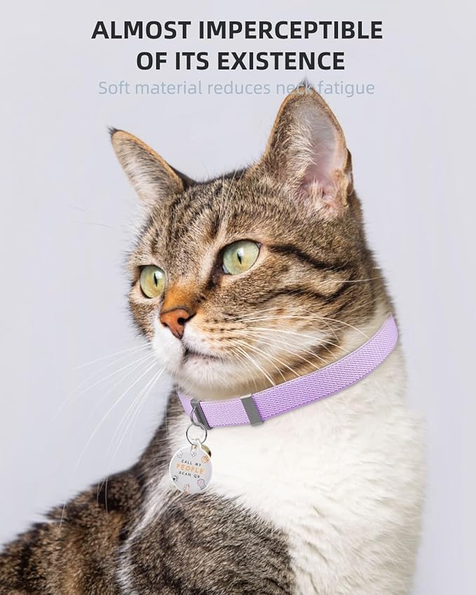 Cat Collar with QR Code Name Tag, Stretch Elastic Quick Release, Cat ID Tag Personalized, Ultra-Durable, Non Breakaway Lightweight Kitten Collar Fits Most Girl Boy Small Large Cats (Purple)
