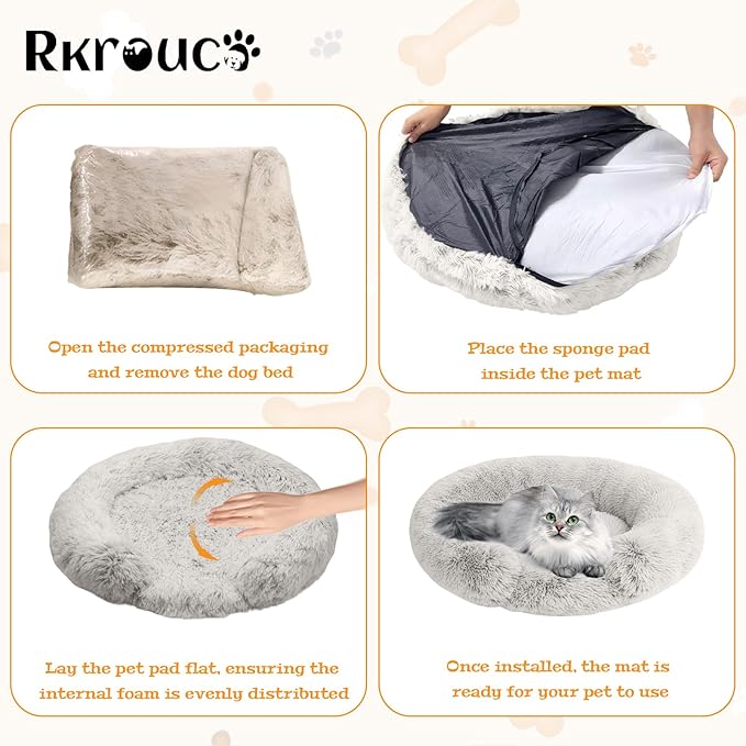 Fluffy Dog Bed Calming Donut Beds for Large Dogs Warming Round Small Medium Pet Nest Cozy Cat Mattress Indoor Washable Puppy Kennel Kittens Sleep Mat (L, 35.4×35.4 inch, Beige)