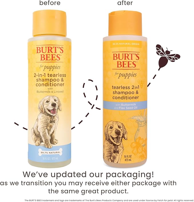 Burt’s Bees for Pets Tear Free Puppy Shampoo & Conditioner with Buttermilk, 2 in 1 Gentle Dog Shampoo for Puppies, Cleans and Conditions Sensitive Skin, 16 Fl Oz - 6 Pack