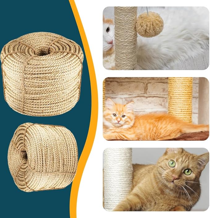 Natural Sisal Rope for Cat Scratcher Replacement, Durable Cat Tree Post Repair Cord for DIY Projects, Climbing Towers, Furniture Protection, Scratch Pad, Crafts, Garden, and Home Décor Use