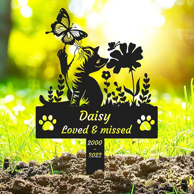 Custom Butterfly Cat Memorial Grave Marker, Personalized Flowers Cat Memorial Stake Metal Pet Name Memorial Plaque with Paws, Customized Pet Grave Marker Cemetery Grave Plaque for Cat Owner